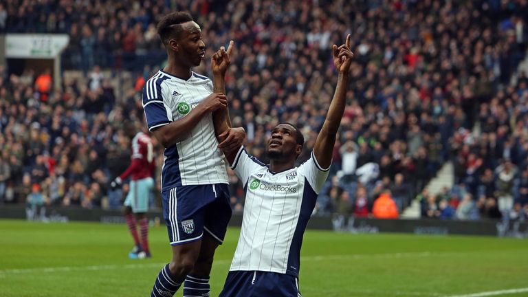 West Bromwich Albion's Nigerian striker Brown Ideye celebrates scoring the opening goal against West Ham 