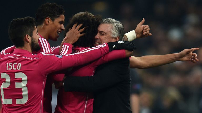 Carlo Ancelotti and Marcelo celebrate 