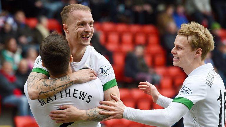 Celtic's Leigh Griffiths celebrates his goal with team-mate Adam Matthews and Gary Mackay-Steven