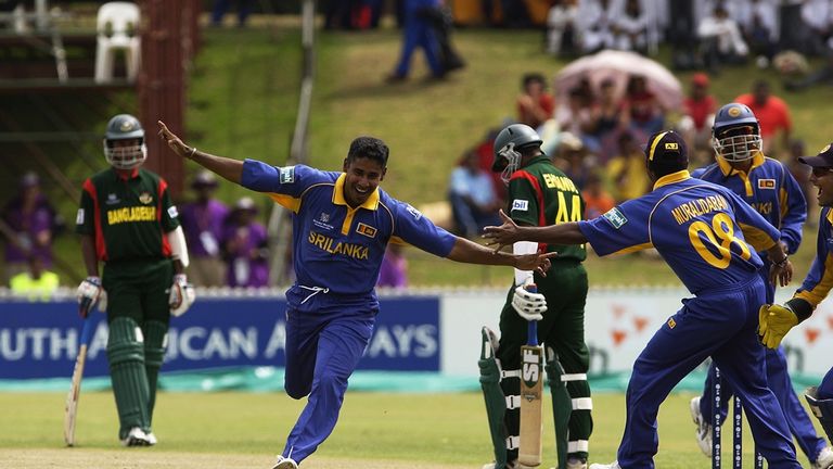 PIETERMARITZBURG- FEBRUARY 14:  Chaminda Vaas of Sri Lanka celebrates his hat-trick during the ICC Cricket World Cup 2003 Pool B match between Sri Lanka an