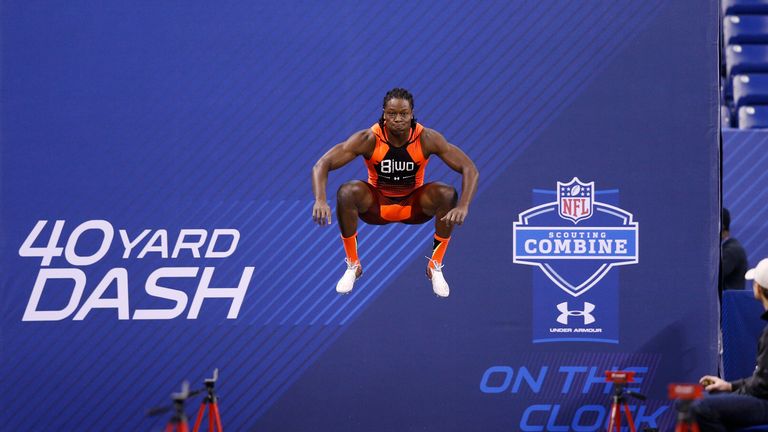 INDIANAPOLIS, IN - FEBRUARY 21: Wide receiver Chris Conley of Georgia gets ready to run the 40-yard dash during the 2015 NFL Scouting Combine at Lucas Oil 