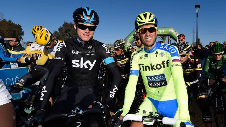Chris Froome and Alberto Contador before the start of Stage 1A of the 2015 Tour of Andalucia Ruta Del Sol