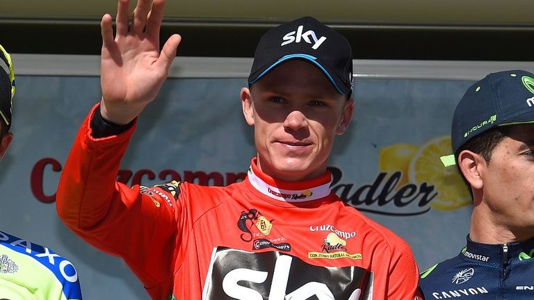 Chris Froome on the podium after Stage 5 of the 2015 Tour of Andalucia Ruta Del Sol