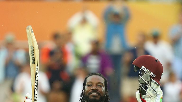 Chris Gayle of West Indies celebrates his double century 