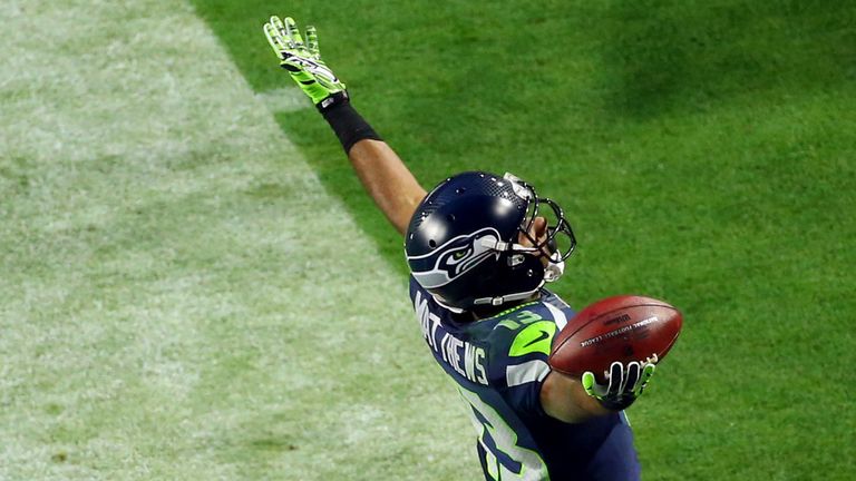 GLENDALE, AZ - FEBRUARY 01:  Chris Matthews #13 of the Seattle Seahawks celebrates scoring an 11 yard touchdown late in the second quarter against the New 