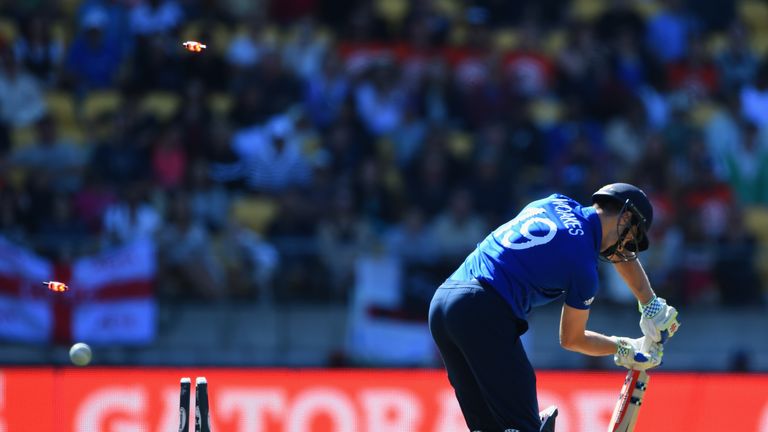 Chris Woakes is dismissed by Tim Southee at the 'Cake Tin'