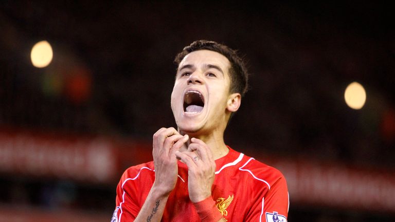 Liverpool's Philippe Coutinho reacts during the Barclays Premier League match at Anfield, Liverpool