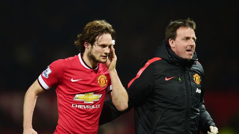 Daley Blind of Manchester United leaves the field for treatment during the Barclays Premier League match v Burnley