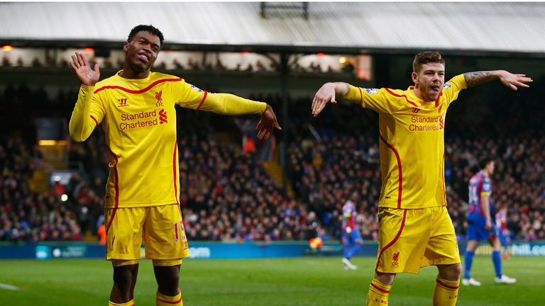 Liverpool's Daniel Sturridge celebrates with Alberto Moreno after scoring against Crystal Palace in the FA Cup fifth round
