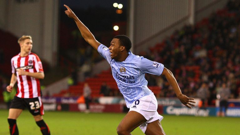 Daniel Sturridge of Manchester City celebrates scoring his team's first goal during the FA Cup Fourth Round match against Sheffield United in January 2008