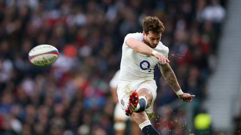 Danny Cipriani of England kicks at goal  during the RBS Six Nations match between England and Italy at Twickenham Stadium