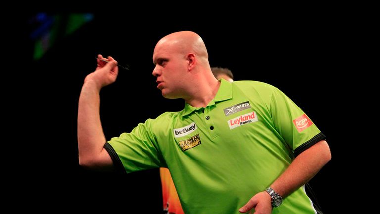 'Mighty Mike' Michael van Gerwen in action against Kim Huybrechts on week one of the 2015 Premier League Darts