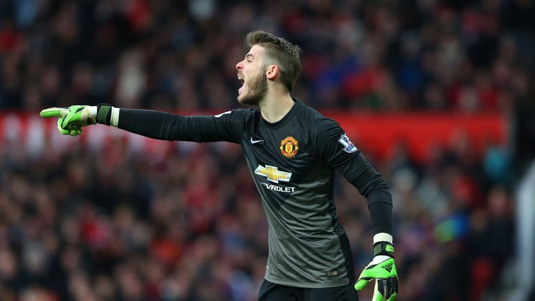 Goalkeeper David De Gea of Manchester United directs his defence during the Barclays Premier League match v Leicester
