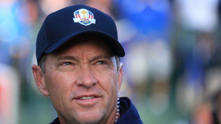 USA Team captain Davis Love III waits on the first tee during day two of the Morning Foursome Matches for The 39th Ryder Cup