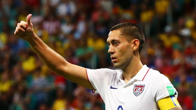 Clint Dempsey of the United States gestures during the 2014 FIFA World Cup Brazil Round of 16 match.