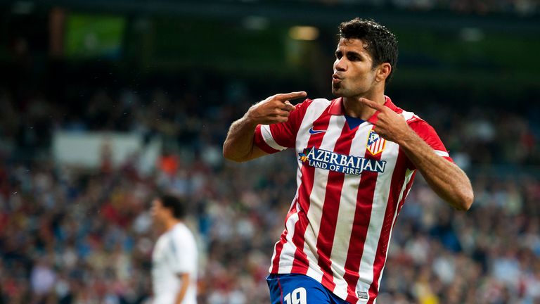 Diego da Silva Costa celebrates after scoring during the Spanish league football match Real Madrid CF vs Club Atletico de Madrid at the Santiago Bernabeu