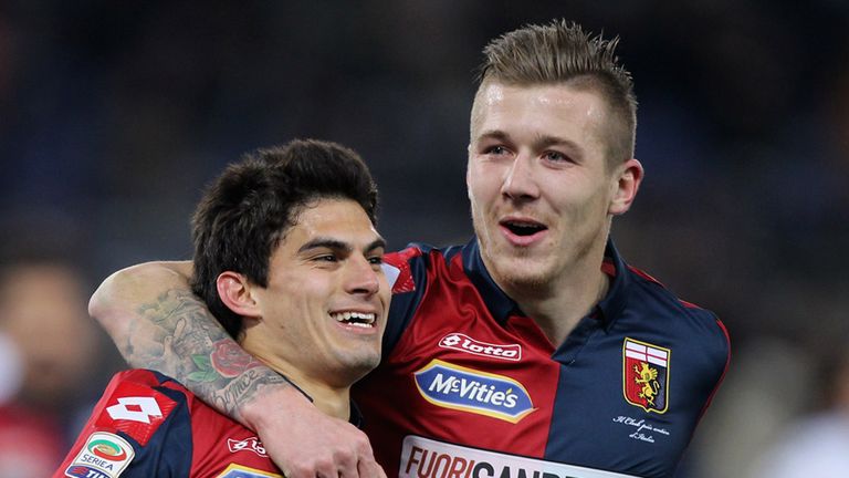 Diego Perotti (left) with his teammate Juraj Kucka of Genoa celebrates after scoring the only goal against Lazio