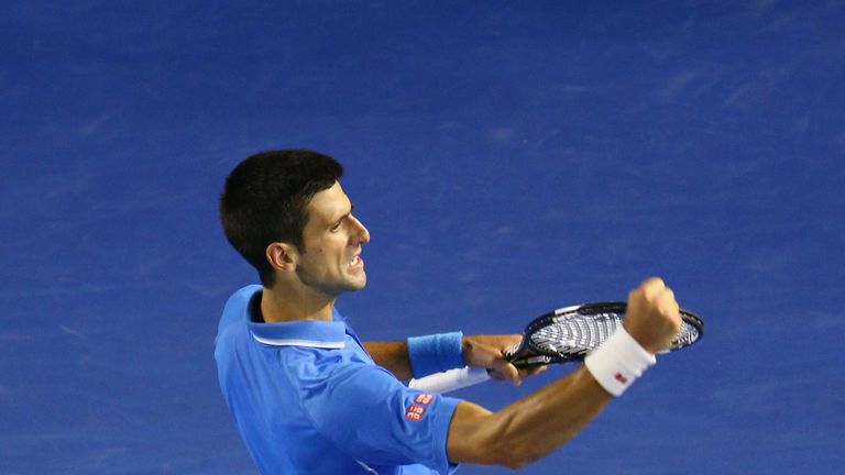 Novak Djokovic of Serbia reacts to a point in his men's final match against Andy Murray of Great Britain during day 14 of the 2015 Australian Open