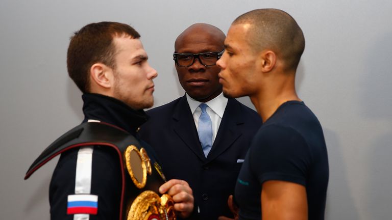 Dmitry Chudinov and Chris Eubank Jnr face each other