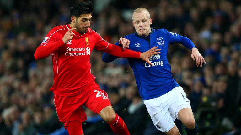 Liverpool's Emre Can battles for the ball with Steven Naismith of Everton