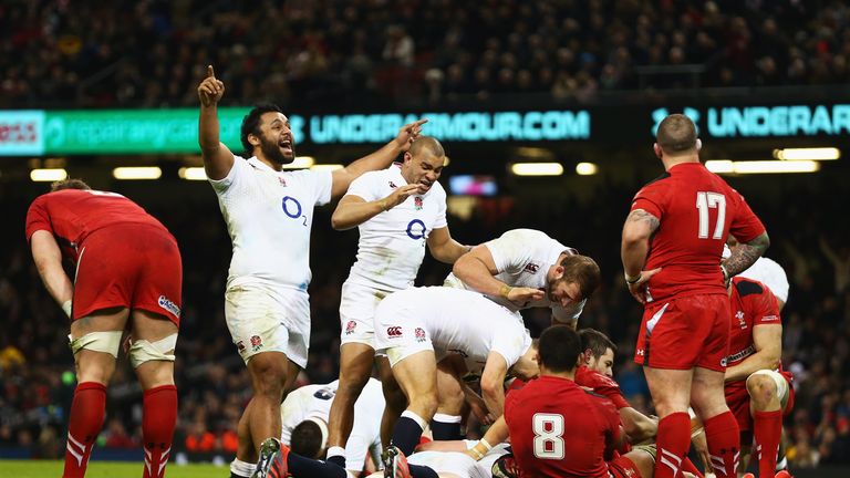 Billy Vunipola of England celebrates a try which was later ruled out against Wales