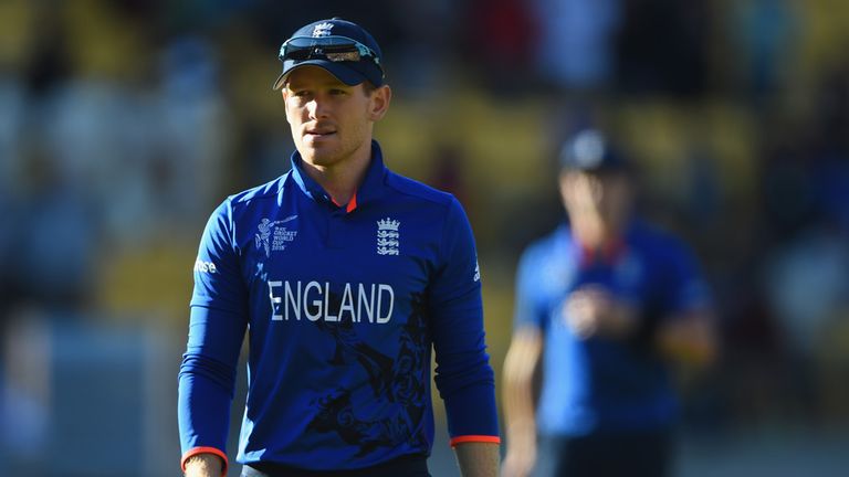 England captain Eoin Morgan leads his team off the field after the 2015 ICC Cricket World Cup match between England and New Zealand