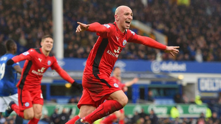 Esteban Cambiasso of Leicester celebrates after scoring against Everton at Goodison Park