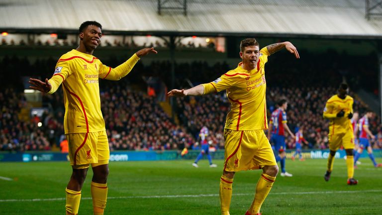 Daniel Sturridge celebrates scoring Liverpool's first goal with Alberto Moreno against Crystal Palace