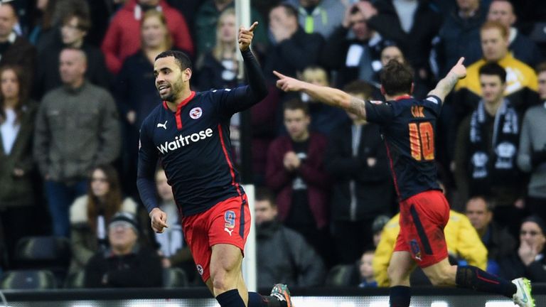 Hal Robson-Kanu celebrates as he scores Reading's first goal against Derby