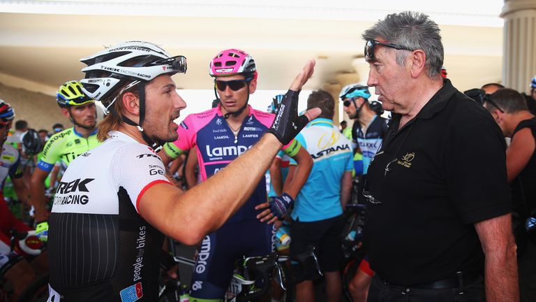 Fabian Cancellara of Switzerland and Trek Factory Racing is seen in discussion with Race Organiser Eddy Merckx over safety concerns