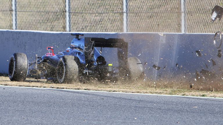 Fernando Alonso (ESP) McLaren MP4-30 crashes at Formula One Testing, Day Four, Barcelona, Spain, 22 February 2015..