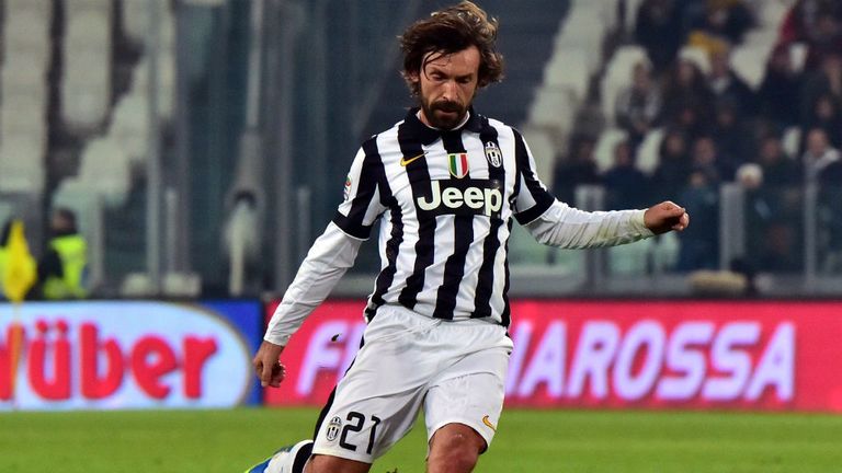Juventus' midfielder Andrea Pirlo kicks the ball during the Serie A match against Atalanta at the Juventus Stadium in Turin