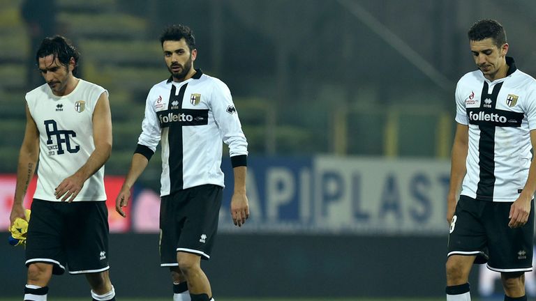 Alessandro Lucarelli, Raffaele Palladino and Zouhair Feddal look dejected as Parma lose again