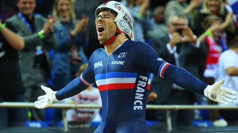 Francois Pervis of France wins gold in the Men's 1Km Time Trial Final during Day Three of the UCI Track Cycling World Championships in Paris