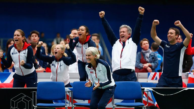 Great Britain bench, including Judy Murray, celebrate their Fed Cup win over Ukraine