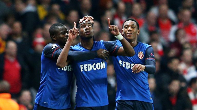 LONDON, ENGLAND - FEBRUARY 25:  Geoffrey  Kondogbia #22 (C) of Monaco celebates with teammates after scoring the opening goal during the UEFA Champions Lea