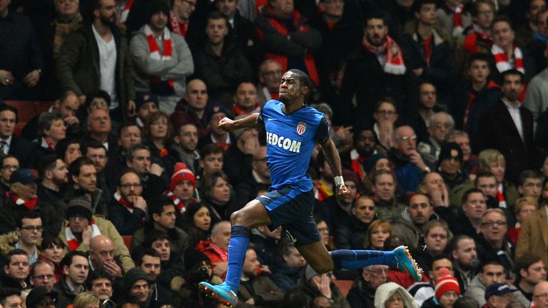 Monaco's French midfielder Geoffrey Kondogbia celebrates scoring the opening goal during the UEFA Champions League match between Arsenal and Monaco