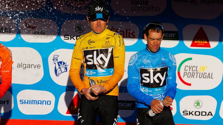 Geraint Thomas and Richie Porte on the podium following Stage 4 of the 2015 Volta ao Algarve