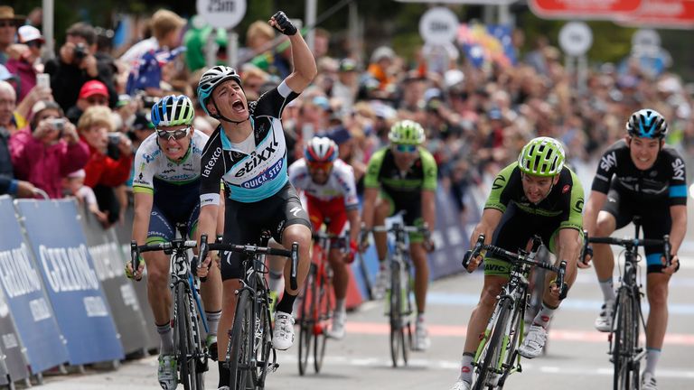 Belgian rider and Extixx-Quick Step team member Gianni Meersman celebrates winning the Cadel Evans Ocean Road Race on 