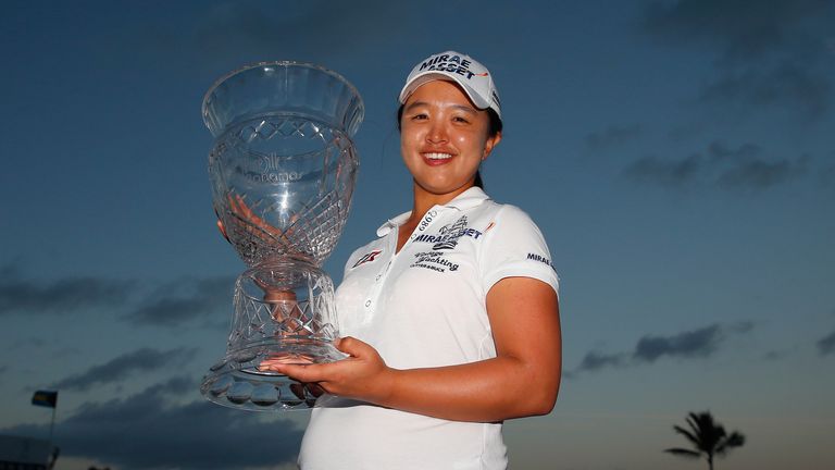 Sei Young Kim of South Korea poses with the trophy after winning the Pure Silk Bahamas LPGA Classic 