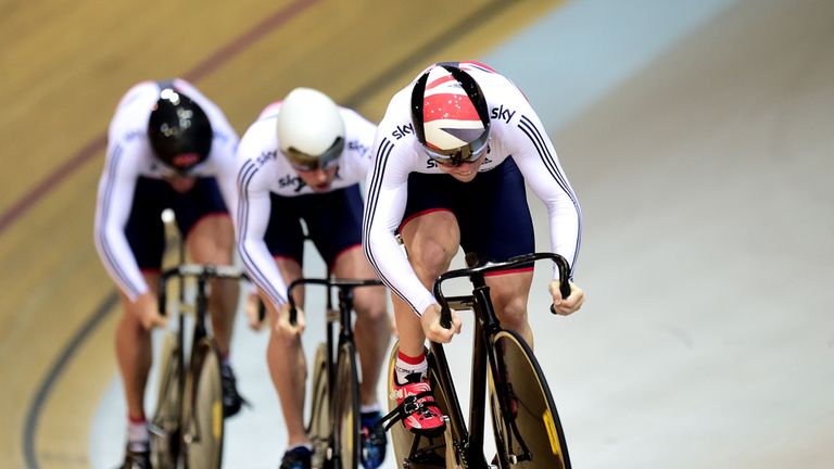 Great Britain's Philip Hindes (right), Jason Kenny (centre) and Callum Skinner (left) in the Men's Team Sprint during the UCI Track Cycling World Champions