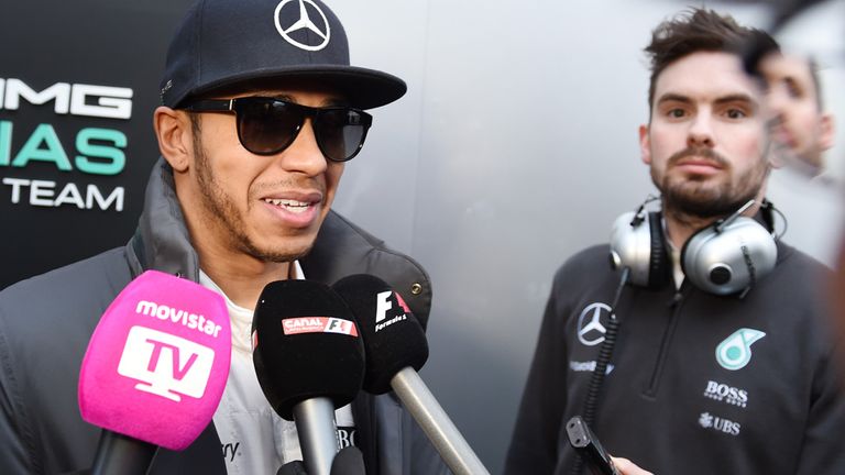 Lewis Hamilton (GBR) Mercedes AMG F1 is interviewed by the media at Formula One Testing, Day Three, Barcelona, Spain, 21 February 2015..