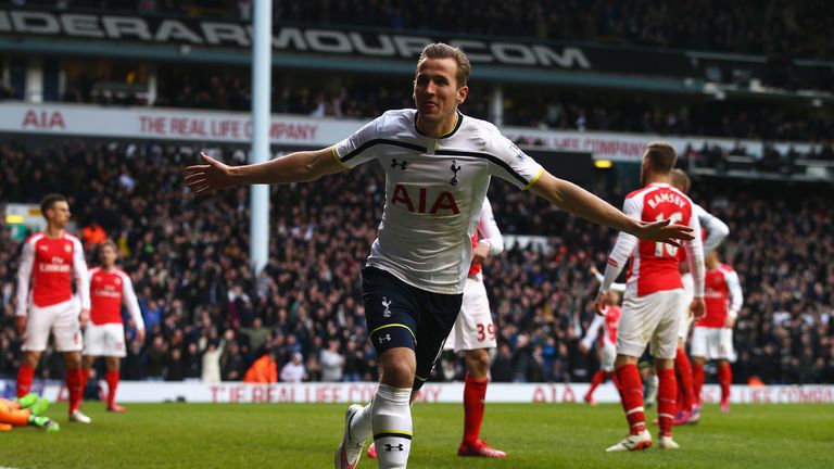 Harry Kane of Tottenham Hotspur celebrates scoring his goal during the Barclays Premier League match v Arsenal