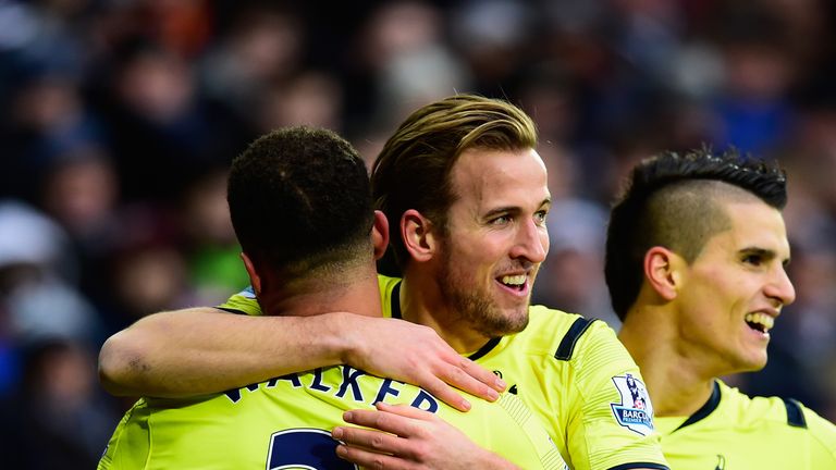 Harry Kane of Tottenham (c) celebrates second goal with Kyle Walker (l) and Erik Lamela during Premier League match at West Bromwich Albion