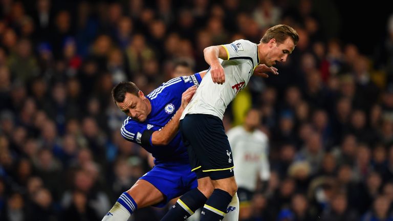 John Terry and Harry Kane battle for the ball during the Premier League match between Chelsea and Tottenham at Stamford Bridge in December 2014