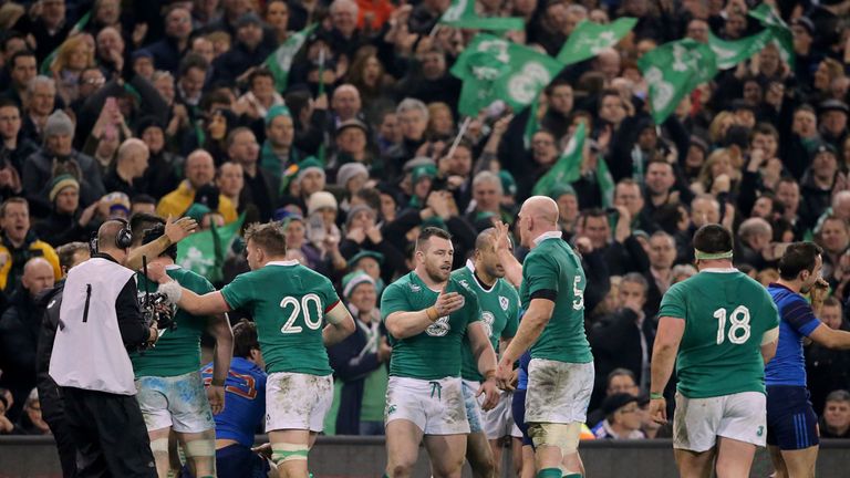 Ireland players celebrate victory in front of fans