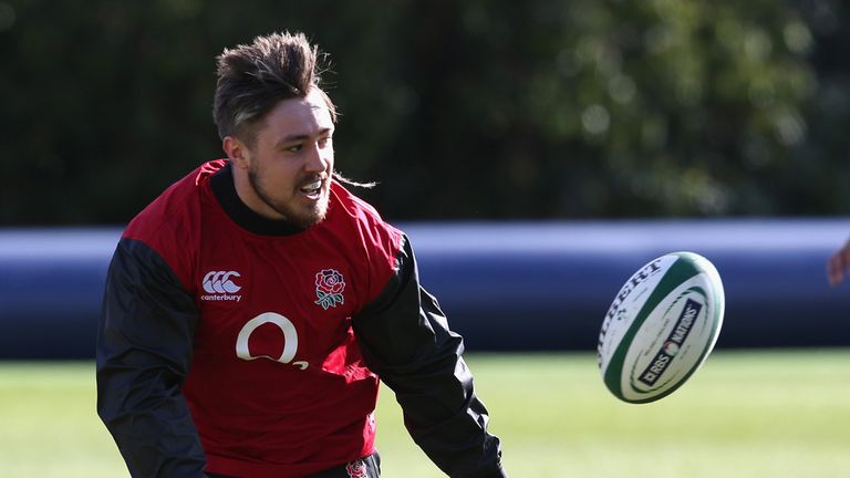 BAGSHOT, ENGLAND - FEBRUARY 24:  Jack Nowell passes the ball during the England training session held at Pennyhill Park on February 24, 2015 in Bagshot, En