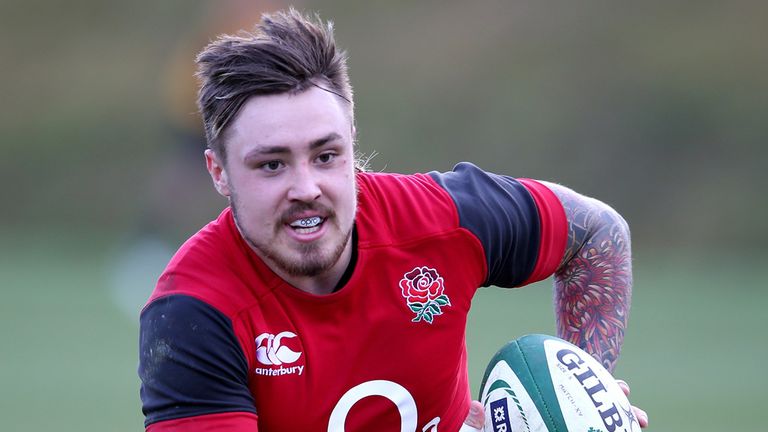 BAGSHOT, ENGLAND - FEBRUARY 24:  Jack Nowell runs with the ball during the England training session held at Pennyhill Park on February 24, 2015 in Bagshot,