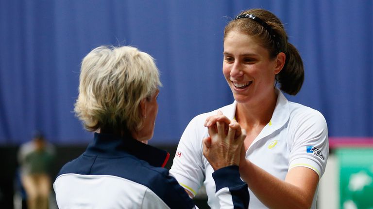 Johanna Konta of Great Britain is congratulated by Captain Judy Murray after defeating Kathinka Von Deichmann in Fed Cup tie