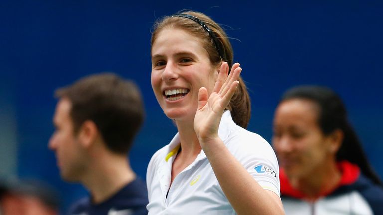  Johanna Konta of Great Britain celebrates defeating Lesia Tsurenko of Ukraine during day three of the Fed Cup